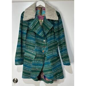 Arrata Jacket Coat Green Turquoise Size Small NWOT Cream Collar Boho Indie